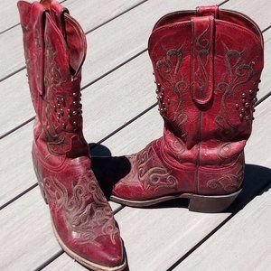 Red Leather Hobnail and Embroidery Embellished Cowgirl Boots